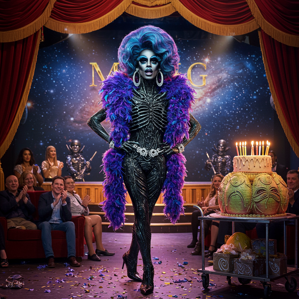 Front and center, standing confidently on a well-lit stage, is the Xenomorph with a twist—a drag queen transformation. The Xenomorph retains its iconic biomechanical design, with its glossy black exoskeleton shimmering under vibrant stage lights. The drag transformation includes extravagant, sparkling elements: sequined eyelashes, oversized hoop earrings, and a feather boa draped elegantly over its shoulders. A voluminous, iridescent wig cascades down its back, blending hues of electric blue, deep purple, and neon pink.

In the background, a cheering audience made up of diverse humans—men, women, children, and elders—sit in plush velvet seats, all eyes fixed on the star of the show. The audience is dressed in an array of outfits, from casual to formal, showcasing the vastness of the human race.

Above the stage, a grand, glimmering banner hangs, emblazoned with the word "Meg" in bold, golden letters. The stage itself is decked out in lush red velvet curtains with gold tassels, framing the scene.

To the side of the stage, a massive birthday cake stands on a trolley, decorated with ornate, edible designs mimicking alien eggs, with bright, edible glitter reflecting the stage lights. The cake's candles flicker gently, casting a warm glow on the surroundings.

The backdrop is an interstellar night sky mural, with twinkling stars and swirling galaxies painted in vivid detail, creating a cosmic spectacle that hints at the Xenomorph's origins.

Scattered confetti in metallic colors of silver and gold litters the stage floor, adding to the celebratory atmosphere of the scene.
Generated with these themes: Xenomorph from the film Alien crossed with a drag queen standing on a stage looking over the human race.
Made with ❤️ by AI.