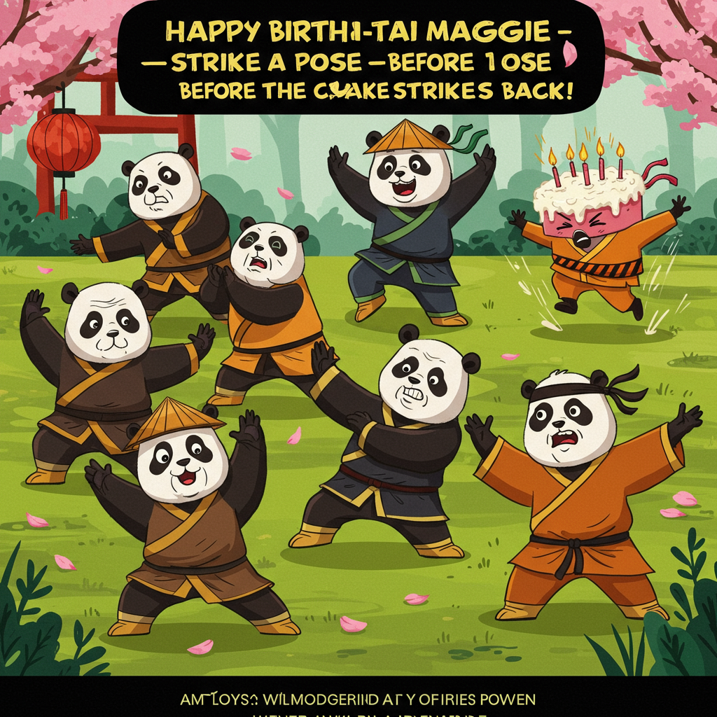 At the top of the vector image, write: "Happy Birth-tai Maggie—Strike a Pose Before the Cake Strikes Back!"

Prompt for image:  
A quirky, colorful vector scene in a peaceful park setting where a group of elderly pandas dressed in Tai Chi outfits are mid-pose, each hilariously off-balance or tangled in silly positions. One panda is accidentally poking another in the eye, another has tripped over its own foot but still holds a calm Tai Chi expression. In the background, a birthday cake wearing a kung fu headband is sneaking up on them like a ninja, about to pounce. Add lots of light-hearted energy, stylized movement lines, and floating cherry blossom petals to contrast the chaos. Keep it playful and bold with flat, bright vector colors and exaggerated cartoon features.
Generated with these themes: Tai Chi.
Made with ❤️ by AI.