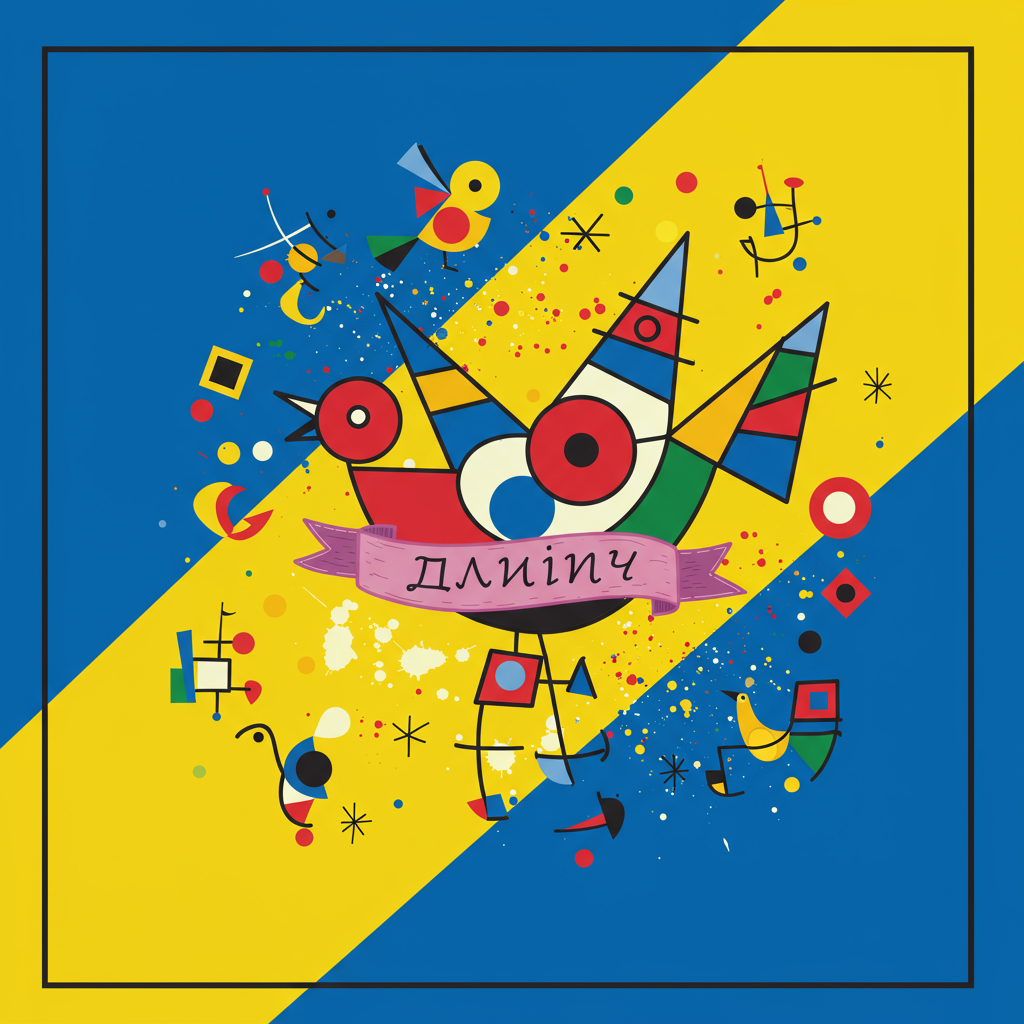 Front Cover Description:

**Background**:  
Create a two-tone background split diagonally, one half is a deep cobalt blue, and the other is a bright sunny yellow. The diagonal division should not be a straight line, but a series of jagged, angular edges reminiscent of Kandinsky's abstract forms.

**Central Feature**:  
Place a large, abstract bird shape in the center of the card. This shape is a fusion of circles and triangles, influenced by Joan Miró’s playful style. The bird's body should be composed of a vibrant red circle, its wings extended into dynamic blue triangles, and its tail trailing in a series of smaller overlapping orange and green rectangles.

**Additional Elements**:  
Sprinkle small, abstract "little birds" throughout the card, each made of simple geometric forms like squares and circles, nodding to Piet Mondrian’s use of primary colors. These birds are colored in bold shades of yellow, blue, red, and black, placed randomly, creating a sense of whimsical movement across the scene.

**Text Placement**:  
Incorporate the text "ജ്യോതി" on a stylized banner that wraps around the central bird. The banner should be a mix of soft, fluid lines and bold, erratic strokes, echoing the calligraphic energy of Cy Twombly. The banner's colors are a gradient of purple to pink, adding a striking contrast to the bird’s bright colors.

**Additional Textures**:  
Add subtle, layered textures behind the elements using a Pollock-inspired splatter effect in soft, translucent white and gray. These should be faint, adding depth without overwhelming the vibrant central elements.

**Framing**:  
The scene is enclosed in a thin, black rectangular border that echoes Malevich’s Suprematist compositions, focusing the viewer’s attention inward towards the dynamic play of shapes and colors.
Generated with these themes: Little birds.
Made with ❤️ by AI.