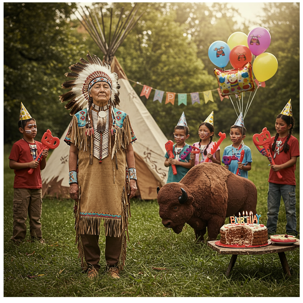 At the top of the realistic photograph image: "Nikâwiy, may your spirit be as unbreakable as your birthday piñata!"

**Image Prompt:**

Create a realistic photograph of an elderly Native American grandmother—proud, strong, and serene—standing in full regalia, feathers flowing in the wind, calmly meditating in a peaceful meadow. Surrounding her in a semi-circle are rowdy children in party hats and face paint, holding foam tomahawks and party horns, preparing to surprise her with a birthday ambush. In the background, a hilariously oversized buffalo-shaped birthday cake sits on a rustic wooden table, already missing a chunk where someone “sampled” it. Add a traditional tipi draped in "Happy Birthday" banners and balloons shaped like spirit animals floating lazily above.

Make the photo warm, sun-dappled, with the vibe of deep peace meeting light-hearted chaos. Let the grandmother’s wise smile say: “I’ve seen things, and this birthday ain’t gonna shake me.”
Generated with these themes: Native american, Peaceful, Stong, and Resilient.
Made with ❤️ by AI.