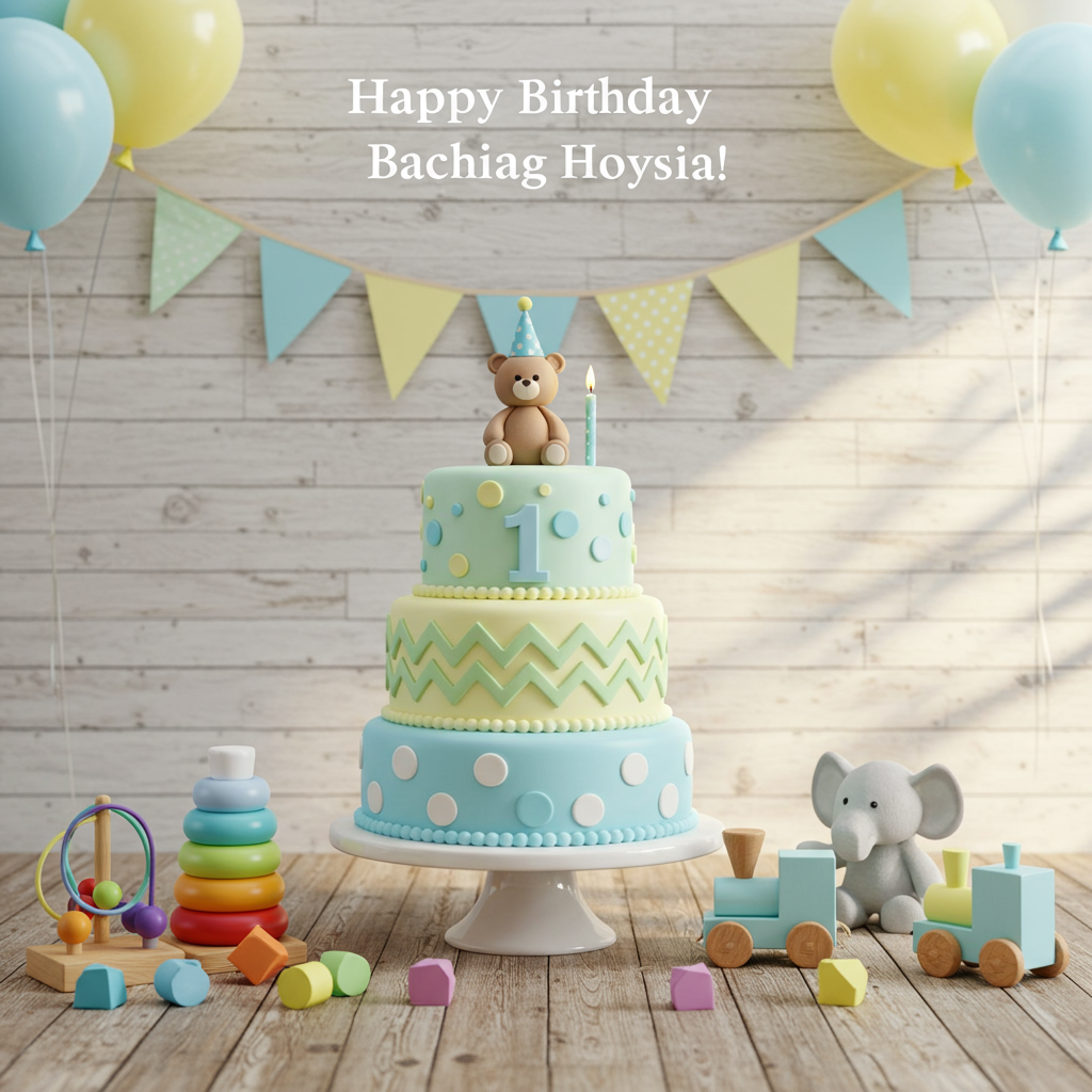 The front cover of this birthday greeting card showcases a lively and vivid scene, bustling with detail, perfect for celebrating a baby boy's birthday. Centered prominently is a round, three-tiered cake with smooth, fondant layers. The bottom tier is a soft baby blue, adorned with edible white polka dots. The middle tier is a pastel yellow, with a playful zigzag pattern in mint green. The top tier is a gentle cream color, topped with a small fondant teddy bear wearing a party hat, seated next to a single candle shaped like the number "1."

The cake sits on a rustic wooden table, with a subtle weathered texture, adding a touch of warmth and natural charm. Scattered around the table are colorful toys—a stackable rainbow ring set with vibrant hues of red, orange, yellow, green, blue, and purple; a small plush elephant in light gray with big floppy ears; and a wooden train painted in primary colors with round, sturdy wheels.

In the background, a string of cheerful bunting stretches across the top, each triangular flag alternating between patterns of stripes and polka dots in baby blues, soft yellows, and grassy greens. Balloons float above, tethered to the table corners; they're semi-transparent with a soft sheen, in pastel shades of blue, yellow, and white.

A simple, elegant backdrop of white-washed wooden planks adds texture and contrasts the vibrant colors, while gently illuminating the scene with a natural, sunlit glow. The overall arrangement is inviting, detailed, and filled with elements that celebrate the joys of a baby boy's special day.
Generated with these themes: Baby boy cake and toys, and .
Made with ❤️ by AI.