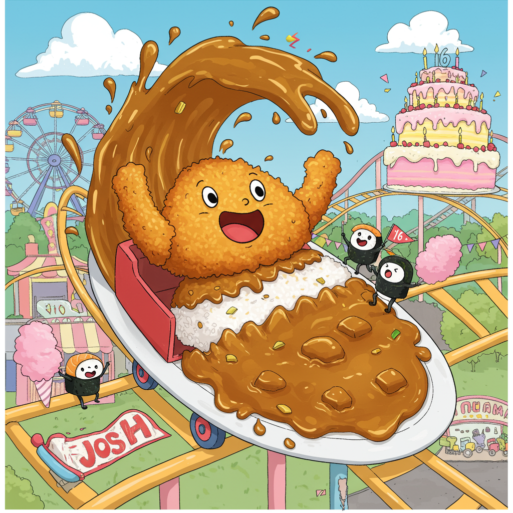 3) Birthday AI Generated Card - Chicken Katsu Curry Riding a roller ...