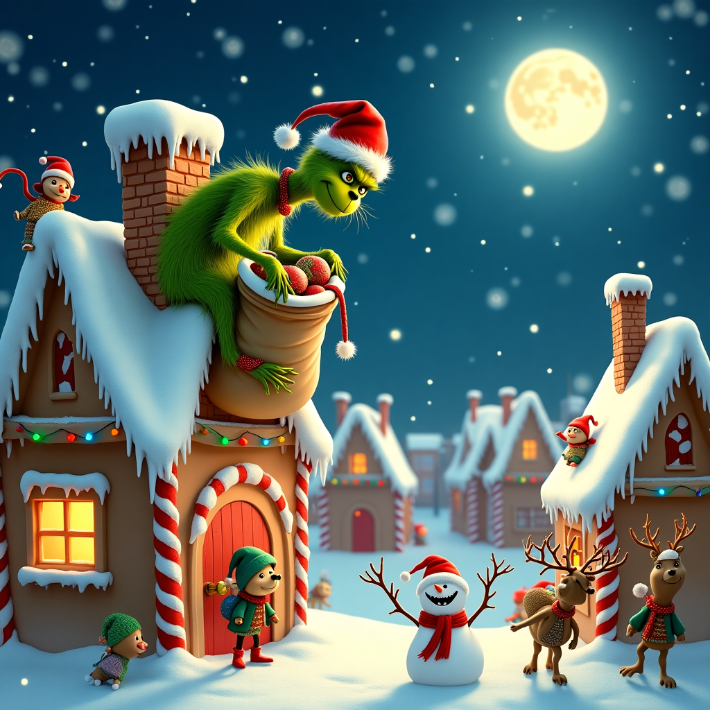 On this quirky Christmas card front, imagine a realistic photograph of a small, snow-covered town, quaint and charming in its holiday finery. The focal point is a mischievous animated Grinch, distinct from his cartoon origins, brought to life with hyper-realistic textures. His green, furry self is precariously perched on the chimney of a gingerbread-styled house. This house, complete with iced roof shingles and candy cane columns, twinkles with multicolored fairy lights that cascade down like sugar crystals. The Grinch, caught mid-scheme, is peeking into a velvet sack filled with glittering ornaments, with one mischievously held between his long fingers. His red Santa hat is slightly askew, a patch of melting snow dripping off its tip. 

The background features a deep blue, starry night sky, with a full moon casting a silvery glow over the scene. Tiny elves, in woolly red and green outfits with jingle-bell shoes, peek from behind the neighboring roofs, giggling at the Grinch's antics. A group of playful reindeer, some wearing reindeer-themed earmuffs and others tangled in tinsel, gallivant around the snowy ground below, pulling a sleigh laden with gifts. In the foreground, a snowman, adorned with a carrot nose and charcoal smile, stands sentinel, its twig arms raised as if cheering on the rooftop spectacle. This card captures the whimsy and humor of the holiday season with an unexpected rooftop surprise.
Generated with these themes: Animated grinch on a roof.
Made with ❤️ by AI.