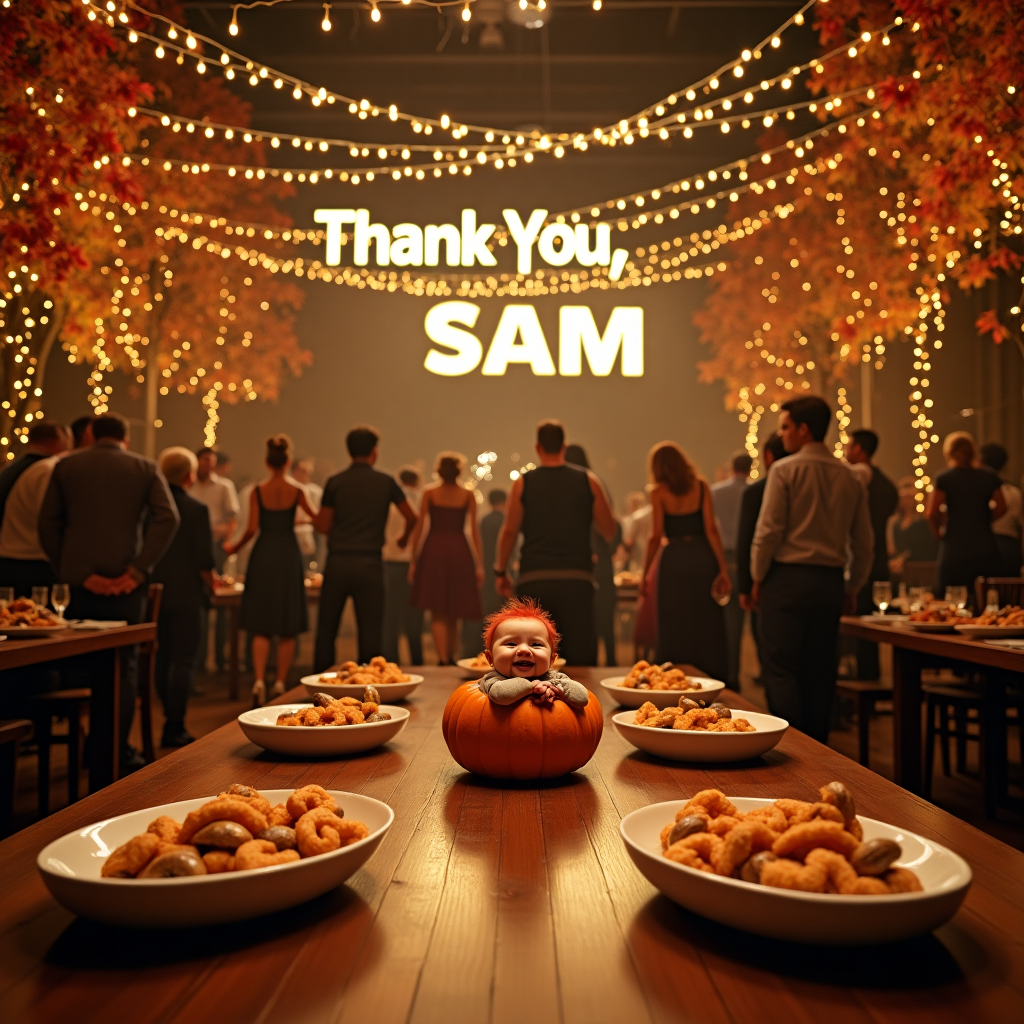 In the center of a medium-sized elegant wooden room, a vibrant crowd is captured mid-dance on a polished wooden dance floor, each dressed in semi-formal attire. Twinkling strand lights drape gracefully across the ceiling, casting a warm glow over the lively scene. Along the walls, classic New York Marquee letters spell out "Thank you, Sam" in a dazzling display, seamlessly blending into the sophisticated décor. Towering fall trees with leaves in hues of orange, red, and yellow border the room, bringing a touch of New York's autumn charm indoors. Above the dance floor, musical notes crafted from silvery wire hang suspended in the air, as if drifting along with the joyous tunes. Scattered throughout the room are separate rectangular dining tables, each set with enormous white ceramic oval-shaped platters piled high with fried shrimp and mushrooms, tempting guests with their sumptuous aroma. In a whimsical corner, a red-haired baby giggles with delight, sitting snugly in a large pumpkin with its legs adorably sticking out through carved holes, adding a playful element to the otherwise elegant gathering. This enchanting scene beautifully encapsulates a heartfelt thank you to Sam, blending surreal and realistic elements into a unique and unforgettable tableau.
Generated with these themes: Crowd high-energy dancing on wooden dance floor in semi-formal attire in medium-sized elegant wooden room with strand lights, New York Marquee, Fall trees in New York, Musical notes, People holding enormous white ceramic oval-shaped platters of fried shrimp and mushrooms, Separate Rectangular Dining tables, and Red-haired baby sitting with legs sticking through holes in the front of pumpkin.
Made with ❤️ by AI.