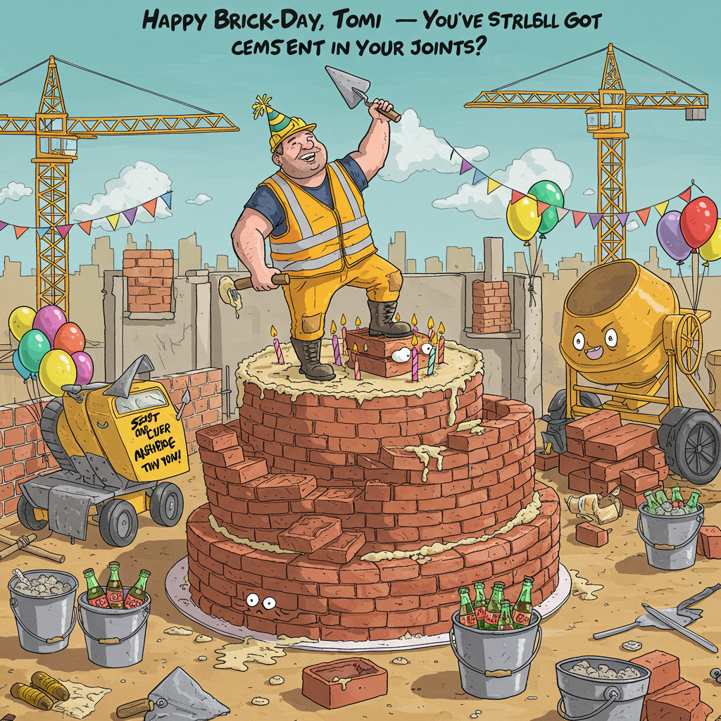 At the top of the illustration image: "Happy Brick-Day, Tomi Green – You’ve Still Got Cement in Your Joints!"

Prompt for the image:
A hilarious illustration of a burly bricklayer (wearing a party hat and a high-vis vest) precariously balancing on top of a wonky birthday cake made entirely out of bricks and mortar. Tomi Green’s name is scrawled on a brick with a trowel like graffiti. Buckets of concrete are doubling as ice buckets for bottles of fizzy drinks. A cheeky cement mixer in the background is spewing out rainbow frosting instead of mortar. One of the bricks has googly eyes and is blowing a party horn. The whole scene is set on a sunlit building site with balloons tied to scaffolding poles and birthday banners draped between two cranes. Playful, vibrant, and cheeky mood in an exaggerated, cartoonish style.
Generated with these themes: Brickie.
Made with ❤️ by AI.