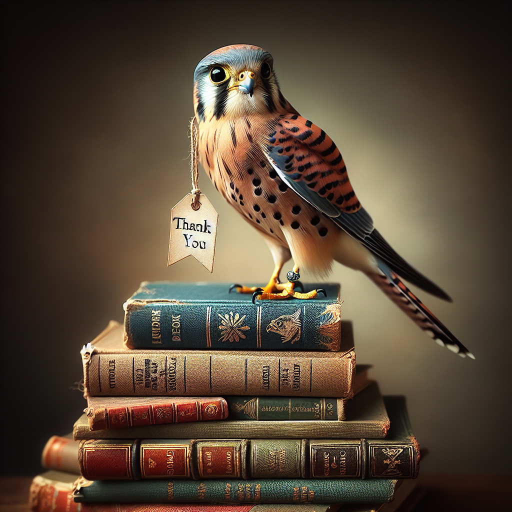 A beautiful kestrel, a small bird of prey, perches atop a stack of worn and well-loved books devoted to various scientific disciplines. The bird's inquisitive eyes shine brightly, mirroring a universe filled with knowledge and discoveries yet to be made. Dangling from its beak is a tiny banner. 'Thank You' is inscribed on it in elegant cursive, representing appreciation and acknowledgements for the complex beauty that nature possesses.
Generated with these themes: Kestrel , Books, and Science.
Made with ❤️ by AI.