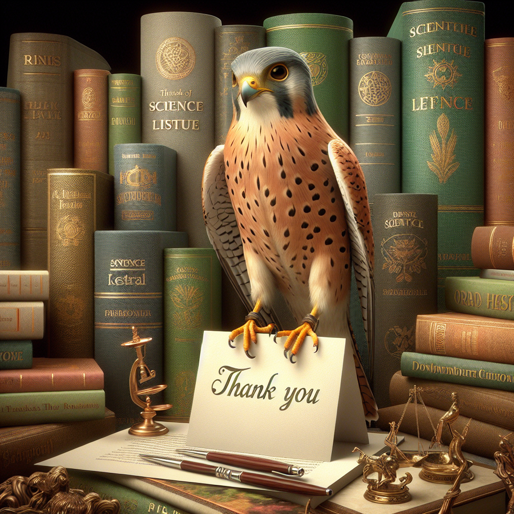 Nestled among a collection of science literature, a highly realistic, yet appealing Kestrel delicately clasps a delicate 'Thank You' note in its talons. The scene blends the untamed elegance of wildlife with the noble pursuit of knowledge, symbolizing a profound appreciation for the marvels science and literature bring.
Generated with these themes: Kestrel , Books, and Science.
Made with ❤️ by AI.