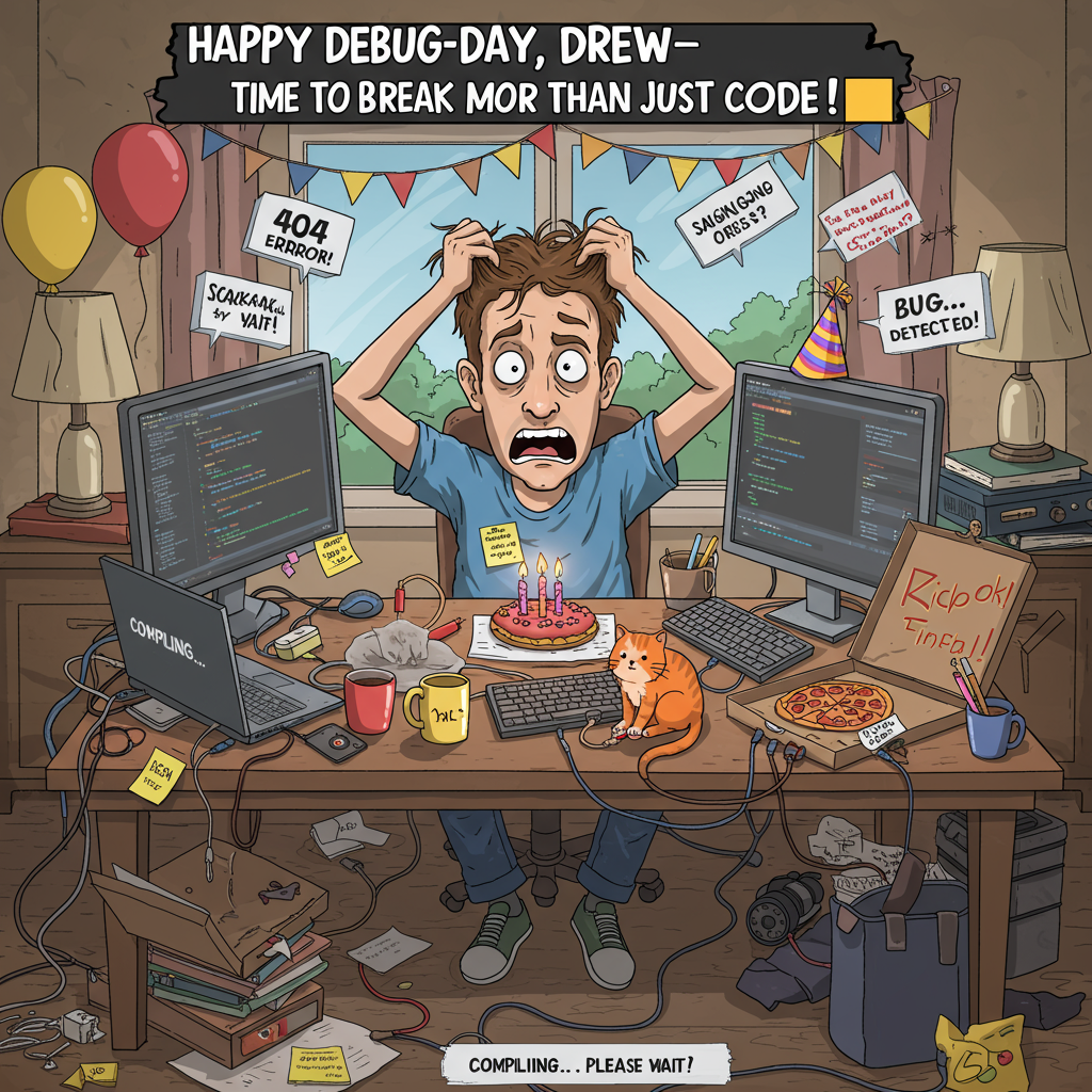 **Prompt for Image Generation:**

At the top of the cartoon image: *"Happy Debug-day, Drew—Time to Break More Than Just Code!"*

A cartoon-style image of a frazzled programmer named Drew (indicated by a sticky note on his laptop or coffee mug that says "Drew’s Stuff") sitting at a messy home desk. He’s mid-hair-pull, eyes wide, surrounded by coffee cups, tangled wires, open pizza boxes, and dozens of floating pop-up windows reading "404 Error" and "Bug Detected!" His cat sits on the keyboard casually adding typos. Balloons and streamers hang in the background as a sad attempt at birthday decoration, while a party hat has slid over one of his monitors. A "Compiling... Please Wait" loading bar crawls on screen as if mocking him. All elements are cartoonishly exaggerated for comedic effect.
Generated with these themes: Programmer pulling hair out while working from home.
Made with ❤️ by AI.