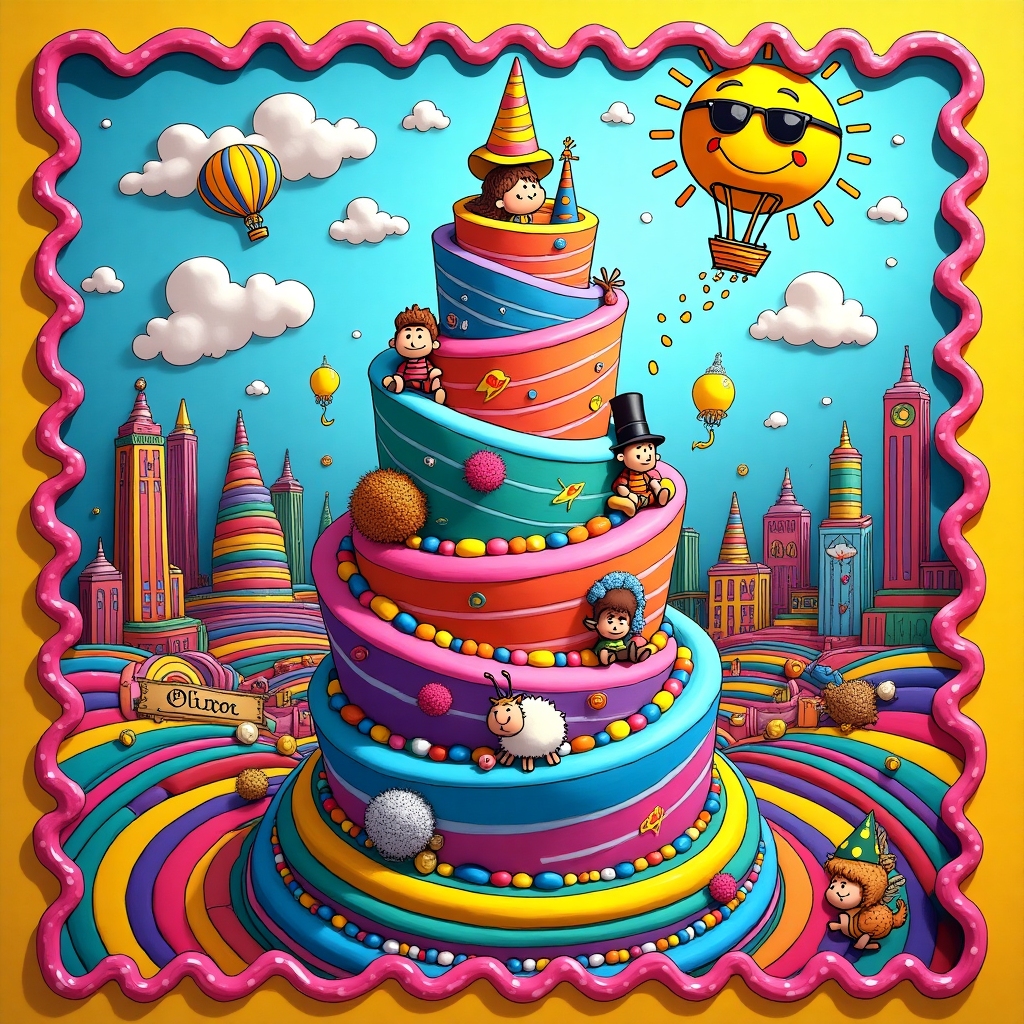 Front and center, a towering, whimsical birthday cake spirals upwards, adorned with swirls of vibrant icing in electric blue, neon green, and hot pink. The cake has an array of fantastical elements, including miniature fondant figures that resemble David Bowie in his iconic Ziggy Stardust persona, complete with red and blue lightning bolt makeup. They are scattered throughout the cake, each in different playful poses.

Surrounding the cake, there's a delightful, cartoonish labyrinth maze, its paths crafted from vividly colored gummy candies, stretching across the card. The maze weaves in and out, filled with exaggerated twists and turns that echo a funhouse effect. Within the maze, you can spot adorable, oversized cartoon animals, like a top-hatted owl and a curly-haired sheep, inspired by the expressive style of Charles Schulz.

In the sky above, a bright, cartoonish sun wearing oversized sunglasses beams down, casting cheerful, bold shadows over the scene. In the top corner, a cheerful hot air balloon floats, its stripes alternating in bright yellow and deep purple, with a banner trailing behind that reads "Oliver" in big, bubbly letters.

Scattered in the background, buildings rise like those in Winsor McCay's dreamlike cityscapes, with surreal, undulating rooftops in a variety of candy-coated pastels. These are inspired by a blend of Disney's playful architectural designs and the enchanting, intricate style of Hergé.

In the foreground, there's a cartoon snail, reminiscent of Bill Watterson's whimsy, wearing a party hat and inching its way along the candy maze. The scene is bordered with a dynamic, zigzag pattern in rainbow hues, bringing a lively framework to this exuberant birthday celebration card.
Generated with these themes: Labyrinth, and David bowie.
Made with ❤️ by AI.