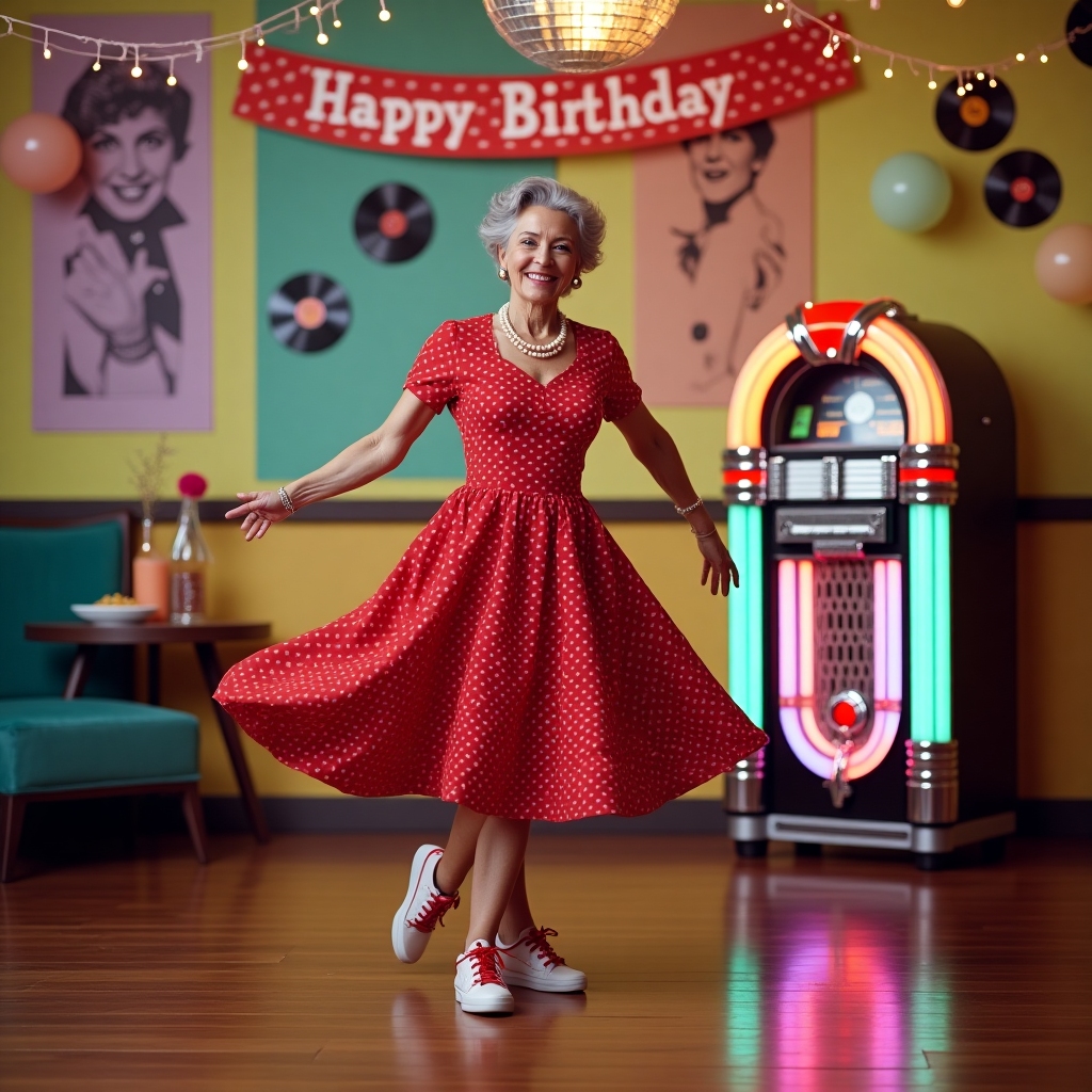 Front and center, Helen, a sprightly woman in her late sixties with short, curly gray hair, is captured mid-twirl. She's wearing a vibrant cherry-red polka dot dress that flares out with her movement, reminiscent of classic 50s and 60s fashion. Her white sneakers with red laces add a playful touch, and a string of pearls completes her ensemble. 

Helen is dancing on a wooden dance floor, polished to a glossy shine, which reflects the soft, multicolored lights from above. In the background, a jukebox glowing with neon blues and pinks stands against the wall, its chrome gleaming. Vinyl records in black and white are scattered around, some leaning against the jukebox, others hung on the walls.

To the left, a small round table holds a glass soda bottle with a striped straw sticking out, a small bowl of peanuts, and a colorful birthday hat with a pompom on top. The walls are adorned with retro posters featuring iconic 50s and 60s rock and roll stars, in hues of teal, mustard yellow, and soft coral. 

Above, a disco ball casts tiny, shimmering reflections across the scene, adding a touch of sparkle. Streamers and balloons in pastel colors—lavender, mint green, and pale yellow—are strewn around, with a large "Happy Birthday" banner in bright red and white checkered print hanging across the top of the card. 

The entire composition feels like a snapshot of a jubilant moment, with lifelike textures and colors that bring the nostalgic setting to life.
Generated with these themes: Helen dancing to 50’s and 60’s rock and roll.
Made with ❤️ by AI.