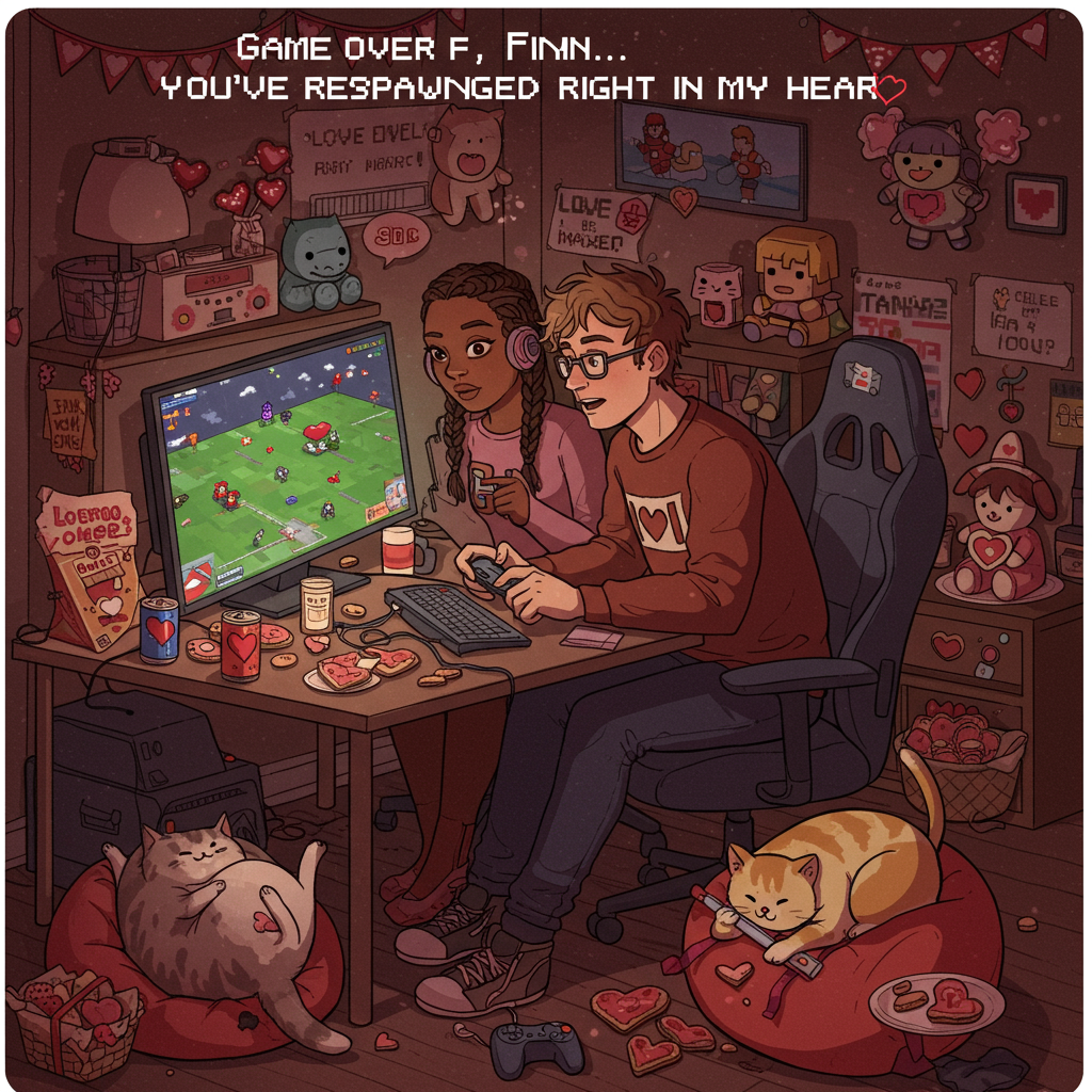 **Prompt:**  
At the top of the illustration image, “Game Over, Finn... You’ve respawned right in my heart 💘”

Illustrate a warm, cozy Valentine’s Day evening centered around a geeky-gamer couple: a Black woman with stylish braids and a White man with messy brown hair, both sitting close together at their gaming desk. They are fully immersed in a pixelated retro co-op video game displayed on their softly glowing screens, which bathe them in romantic, nostalgic light. Scattered on the desk are gamer snacks and love-themed items — like energy drink cans shaped like potion bottles and controllers wrapped with ribbons.

Beside the desk, a small basket is filled with heart-shaped cookies, with one partially eaten and resting on a plate nearby. Adding to the whimsical vibe are two plump, fluffy cats lounging on bean bags — their tails entwined like joysticks, pixel-art heart icons hovering playfully above their heads. One cat is pawing at the couple’s shoelaces while the other naps on an open game manual.

Background details include cute Valentine's bunting with 8-bit hearts, plush toys of classic video game characters holding love notes, and wall art resembling loading bars with the text "Love Level: MAXED". The mood is sweetly chaotic, hilarious, and totally gamer-core romance.
Generated with these themes: Generate an image of a warm and inviting Valentine's Day setting inspired by the world of gaming. The scene at the center comprises a couple; a black female with braids and a white male with brown hair, sitting their table, utterly absorbed in video game. Dim light emanating from nearby computer screens, featuring retro games, softly illuminates their figures. There's a basket near them filled with heart-shaped cookies, enticing anyone who may glance their way. Contributing to the overall delightful atmosphere of the setting are some playful cats with pixel-art hearts floating above their heads, happily purring while snuggling near the gaming pair..
Made with ❤️ by AI.