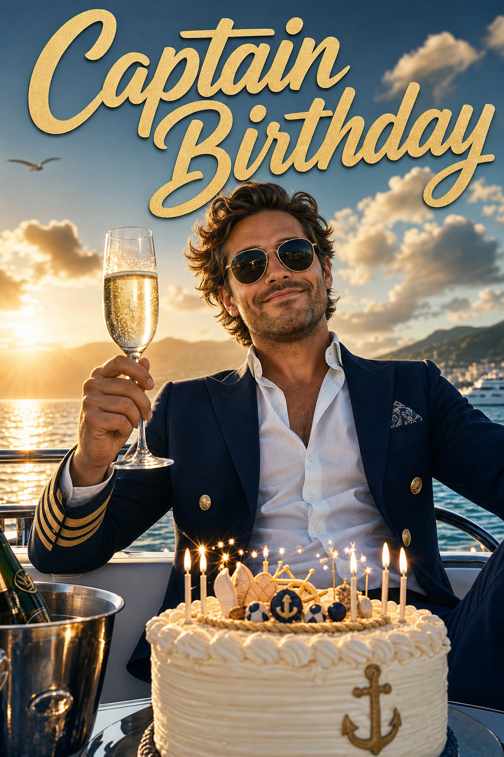 Luxury Yacht Birthday Captain Face Swap Card card preview