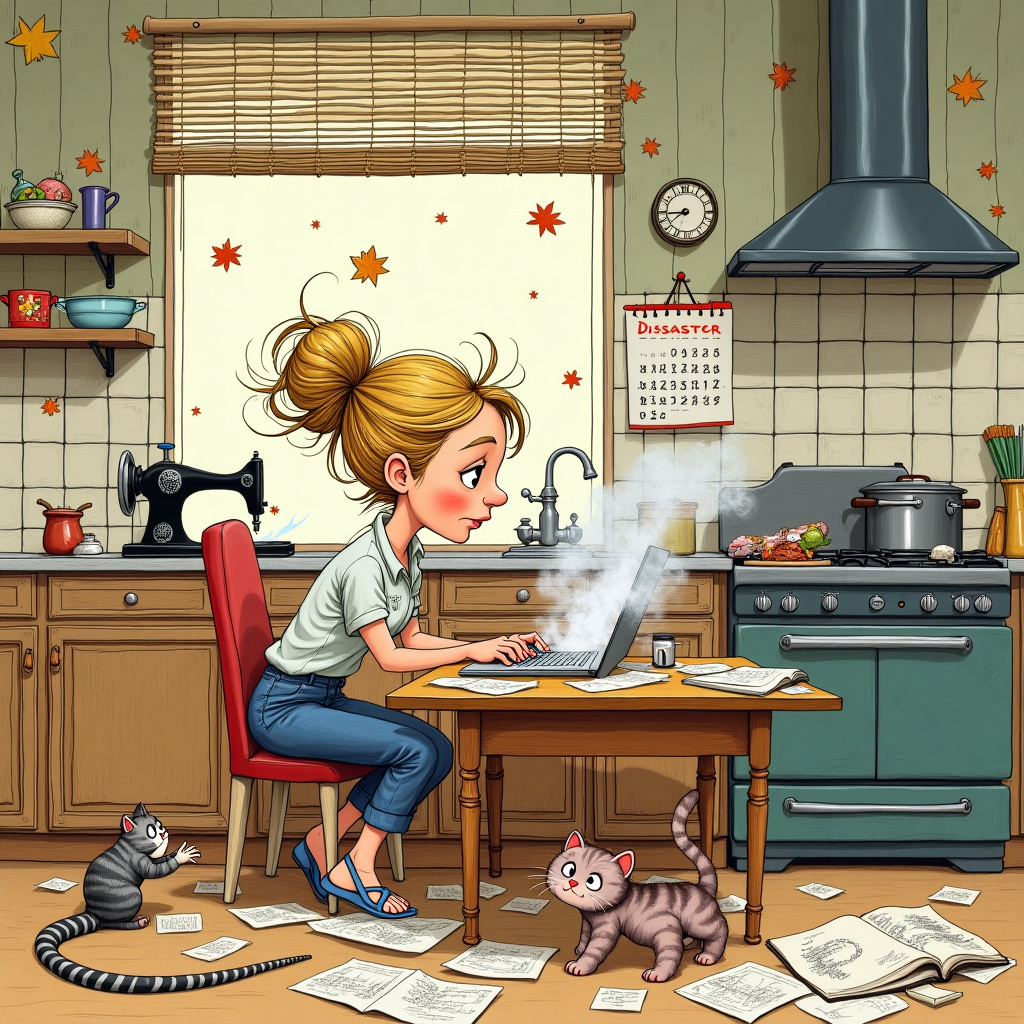 In the bustling, animated scene of the farewell greeting card, the kitchen is transformed into a chaotic symphony of multitasking, echoing the styles of Norman Rockwell's storytelling and the whimsy of Quentin Blake's illustrations. At the center of this organized pandemonium sits a blonde woman with her hair haphazardly pulled back into a loose bun, her face an animated tapestry of stress and determination. Her fingers dance frantically over the keyboard of a laptop perched precariously on a cluttered kitchen table. Scattered papers, like a flurry of autumn leaves, surround her, some fluttering to the ground while others cling to the table’s edge. Each sheet is scribbled with to-do lists, sketches, and a doodle of a clock with its hands spinning wildly.

Nearby, a wall-mounted calendar prominently displays a date circled in bold red ink, hinting at the impending farewell event. The chaos extends across the kitchen: on the stove, several pots bubble over, releasing a cloud of steam that seems to twist and curl into shapes that could have been imagined by Maurice Sendak. An ornate sewing machine, echoing the intricate designs of Aubrey Beardsley, sits on the counter, half-consumed by a serpentine roll of fabric that trails onto the floor like a forgotten fairytale gown. 

In a nod to Arthur Rackham's detailed style, tiny details emerge, such as a mischievous kitten playing with a spool of thread, and a cookbook propped open to a page titled "Disaster Recipes," its illustrations humorously exaggerated in true Edward Gorey fashion. Hanging pots and pans cast whimsical shadows across the room, and the backsplash tiles glisten with a mix of flour and splattered sauce, a homage to Beatrix Potter’s attention to cozy, lived-in spaces. This chaotic, richly detailed scene tells a story of a hectic but heartfelt farewell preparation, capturing the spirit of adventure and change.
Generated with these themes: Blonde woman looking stressed and angry. Sat frantically typing at a computer in the kitchen. Papers everywhere. A date is marked on a calendar. Pans boiling over. Sewing machine. .
Made with ❤️ by AI.