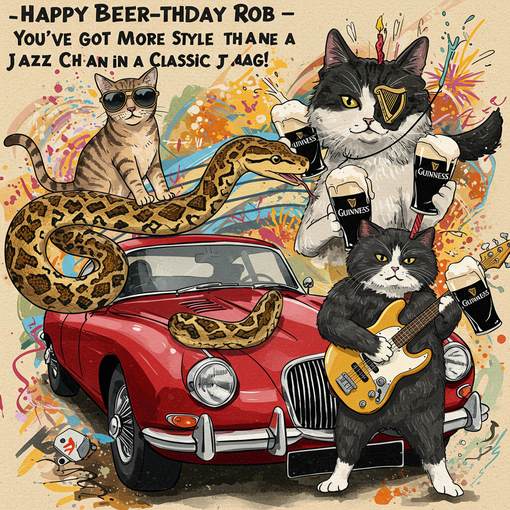 Python, Fawn tabby cat, Black & White Fluffy Cat, Pint of guinness, Classic car, and Classic bass guitar Birthday Card